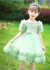 2024 New Green Patchwork Floral Tulle Kids Maxi Dresses Short Sleeve