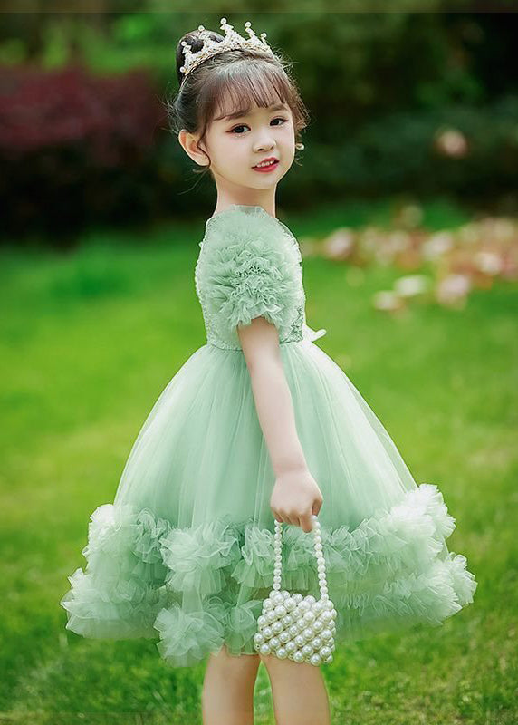 2024 New Green Patchwork Floral Tulle Kids Maxi Dresses Short Sleeve