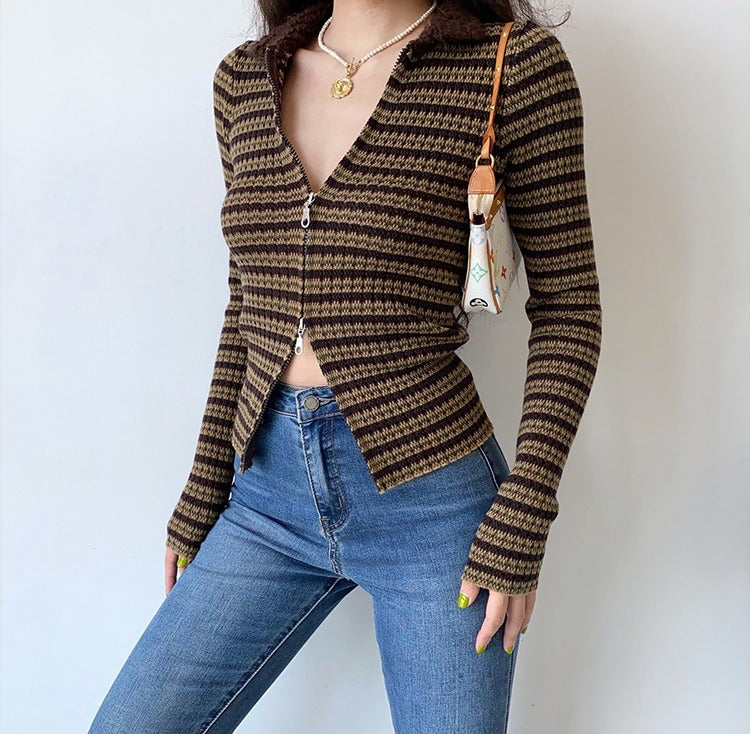 90s Film Double Zipper Cardigan ~ HANDMADE