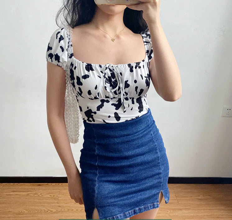 Cow Print Front Tie Top ~ HANDMADE