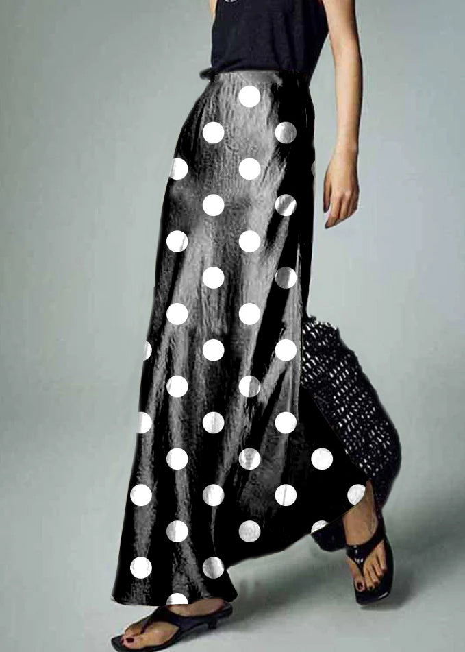 Simple Black polka dots Solid High Waist Silk Skirt Summer