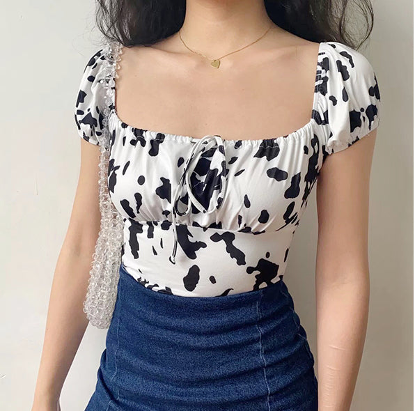 Cow Print Front Tie Top ~ HANDMADE