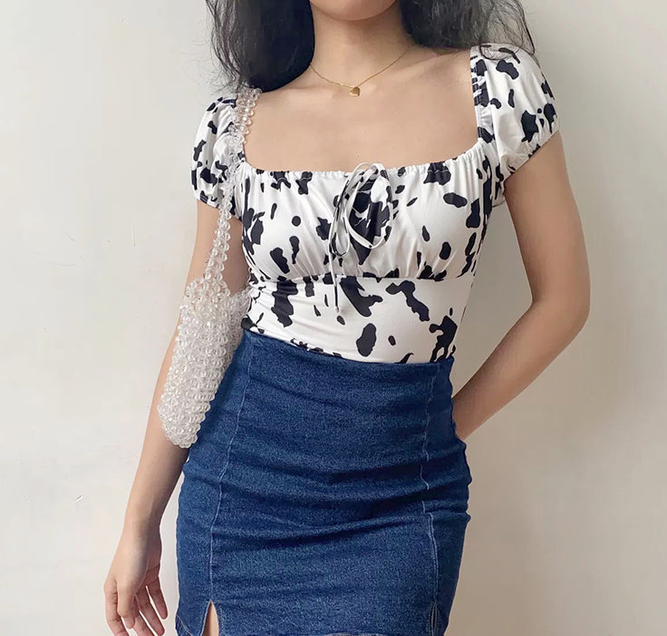 Cow Print Front Tie Top ~ HANDMADE