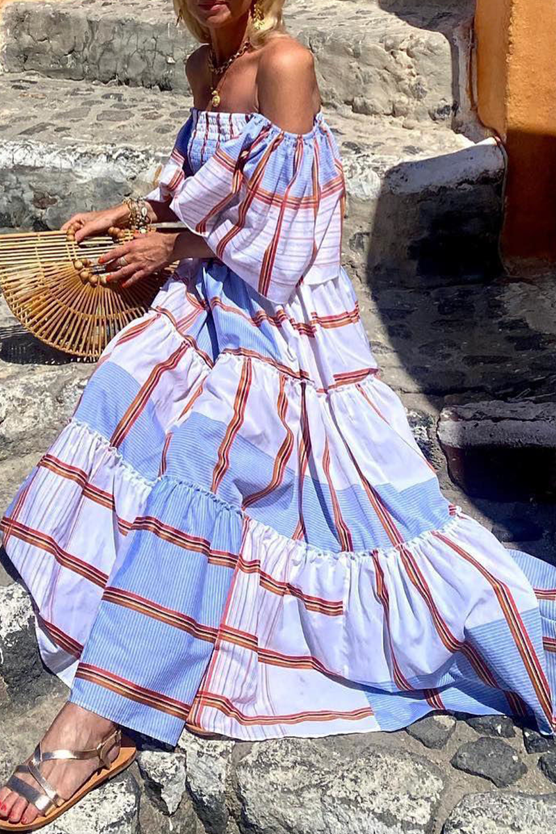 Fashion Print Patchwork Off the Shoulder Cake  Dresses(3 Colors)