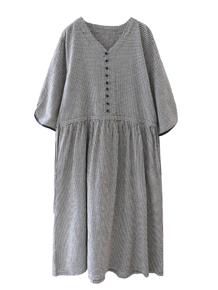 Women Summer Casual Plaid Button Pocket Pleat Loose Dress