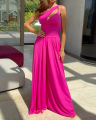 One-shoulder cutout solid color jumpsuit