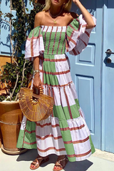 Fashion Print Patchwork Off the Shoulder Cake  Dresses(3 Colors)