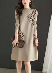 Fitted Beige Stand Collar Zircon Patchwork Knit Dress Fall