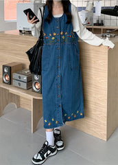 Vintage Black Slash Neck Embroideried Patchwork Button Denim Maxi Dress Sleeveless