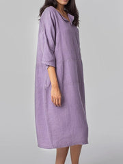 Fashion V-Neck Loose Pocket Mid-Sleeve Mid-Sleeve Cotton Linen Dress