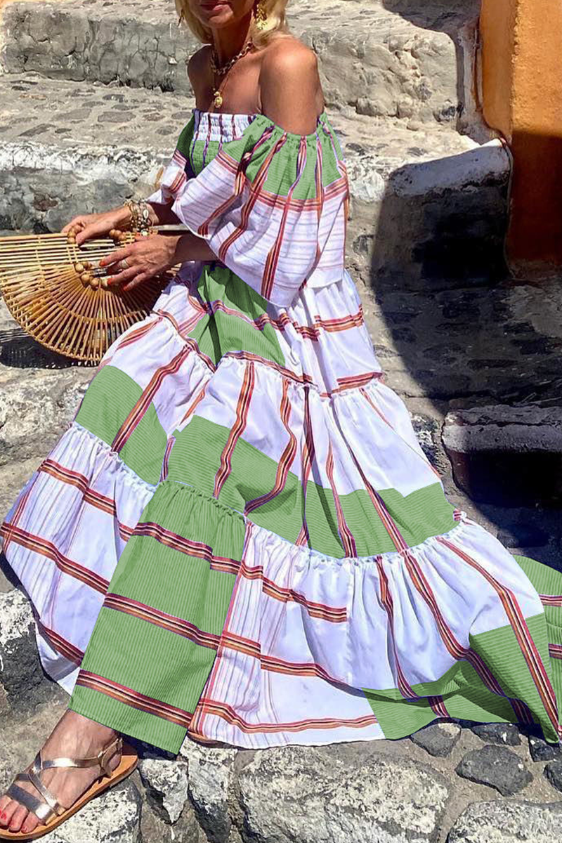 Fashion Print Patchwork Off the Shoulder Cake  Dresses(3 Colors)