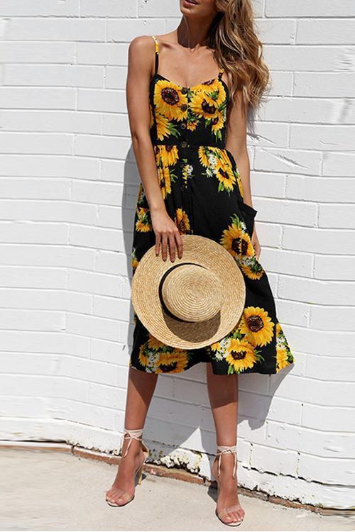 Sunflower Pineapple Pattern Sling Open Back Sexy Dress