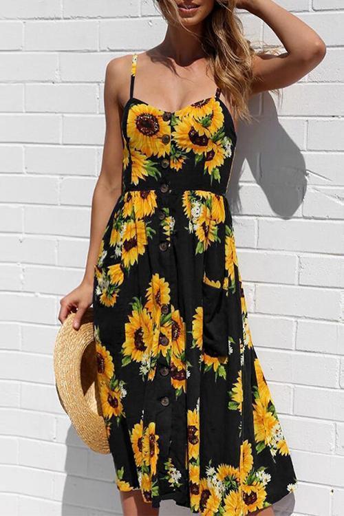 Sunflower Pineapple Pattern Sling Open Back Sexy Dress