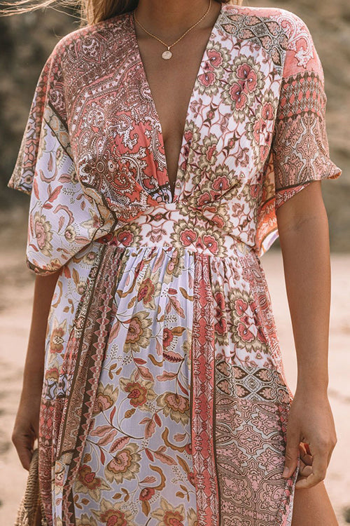 Boho Print Bat Slit Maxi Dress