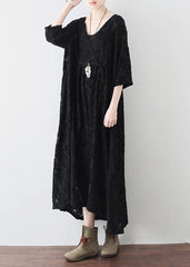 Summer Italian Black Chiffon Round Neck Holiday Dress