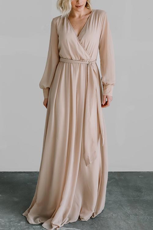 Button Puff Sleeve Belted Maxi Dress