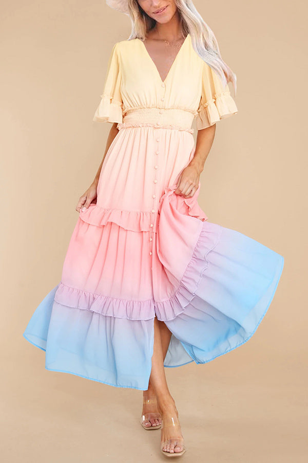 Ombre Sunset Ruffles Maxi Dress