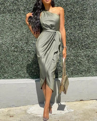 One Shoulder Ruched Slit Party Dress