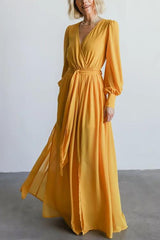 Button Puff Sleeve Belted Maxi Dress