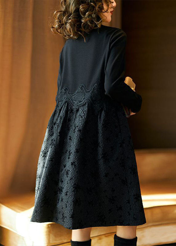 Organic Black Hign Neck Patchwork Lace Dress Spring