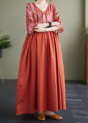 Women Orange V Neck Print Patchwork Cotton Loose Dresses Summer