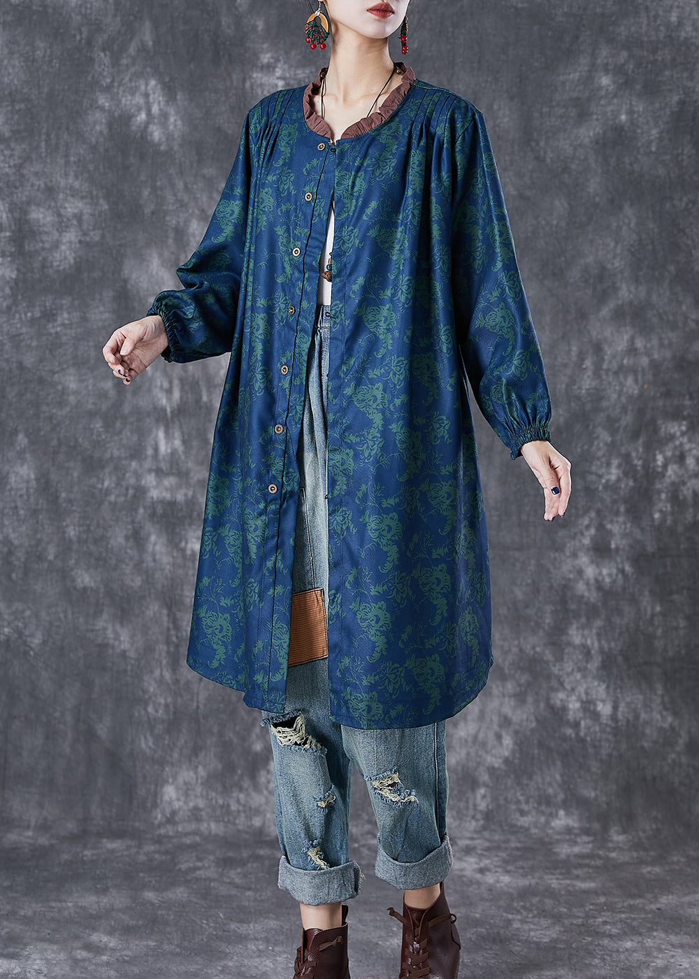 Art Green Ruffled Print Linen Shirt Dresses Fall