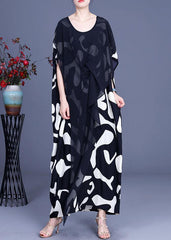 Loose White Elegant Print Patchwork Summer Silk Long Dresses