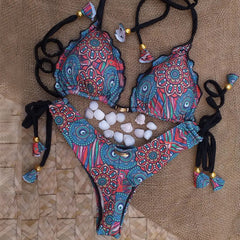 Retro ethnic print split suspender bikini