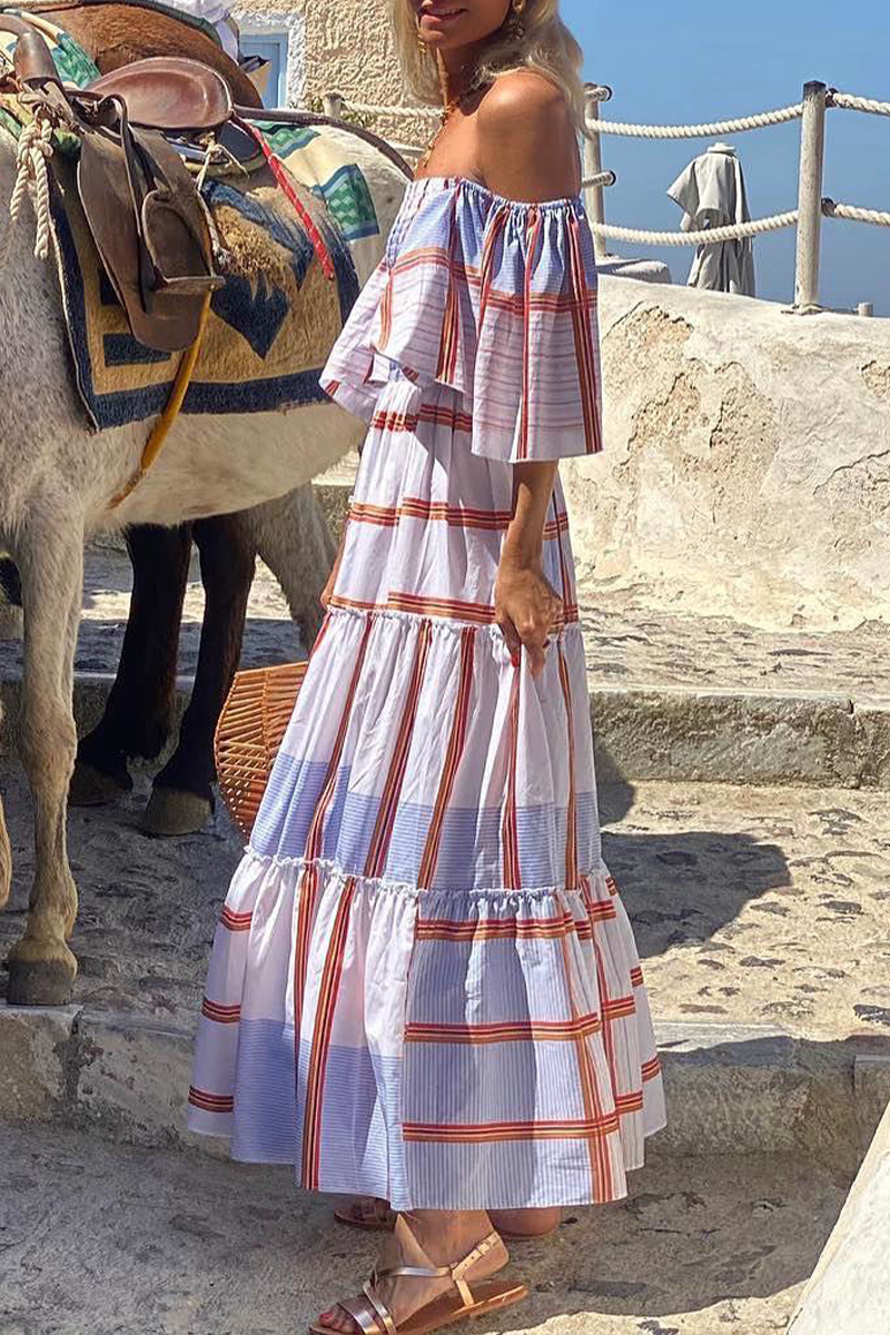 Fashion Print Patchwork Off the Shoulder Cake  Dresses(3 Colors)