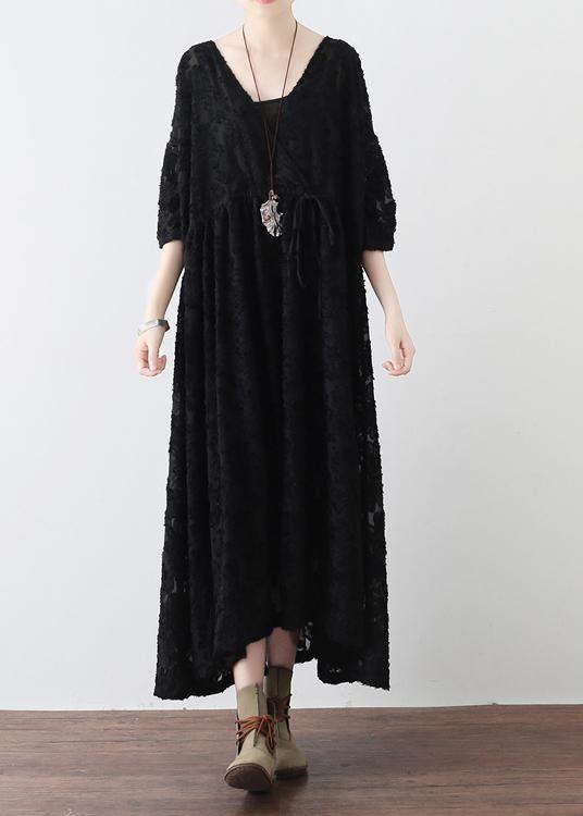 Summer Italian Black Chiffon Round Neck Holiday Dress