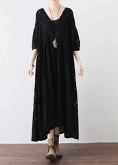 Summer Italian Black Chiffon Round Neck Holiday Dress