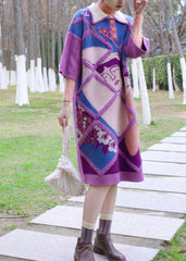 Casual Purple Peter Pan Collar Print Warm Cotton Knit Long Sweaters Dress Fall