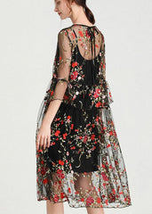 Plus Size Black Embroidery Lace Dress Half Sleeve Women Sets 2 Pieces