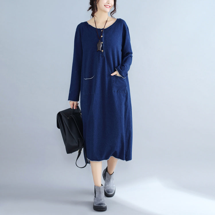 baggy new navy fashion casual knit dresses loose long sleeve pockets sweater dress