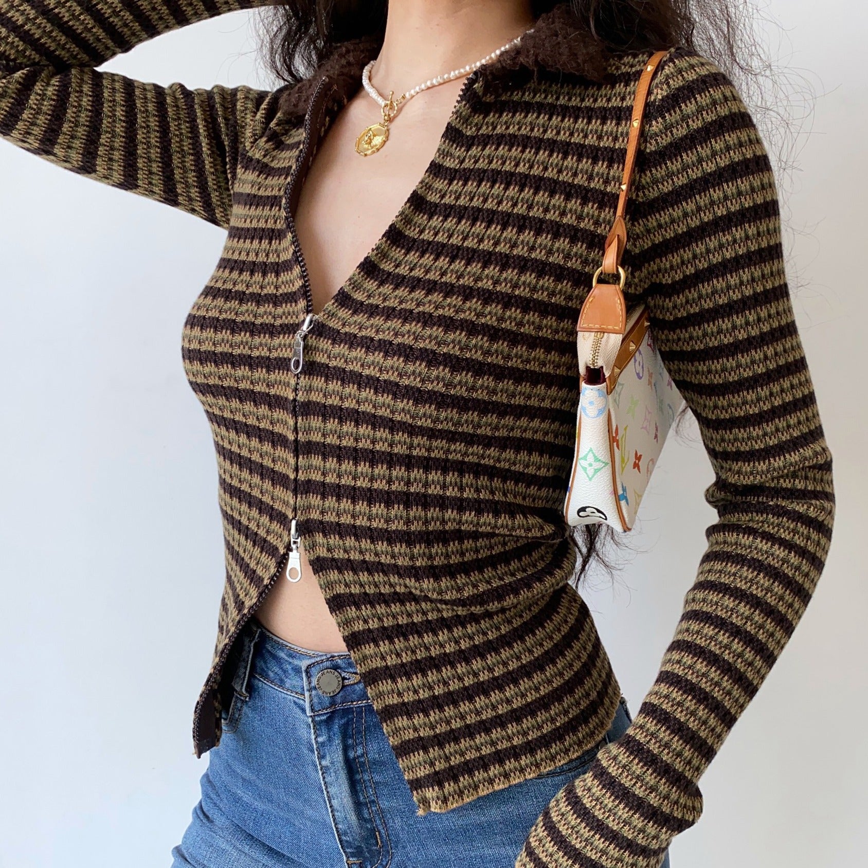 90s Film Double Zipper Cardigan ~ HANDMADE