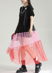 Fashion Colorblock O Neck Wrinkled Patchwork Tulle Dresses Summer