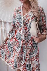 Casual Print Lace V Neck Cake  Dresses