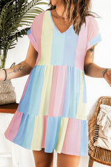 Color Block V-Neck Short Sleeve Mini Dress