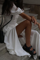 Puff Sleeve Single-breasted Slit Dress