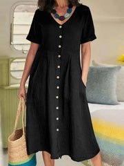 Solid V Neck Loose High Waist Cotton Dress