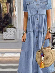 Casual Navy Lapel Collar Short Sleeve Denim Maxi Dress