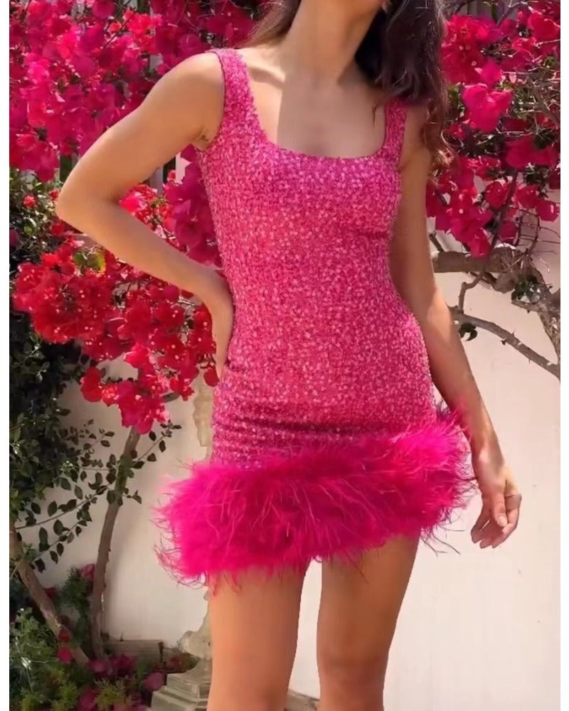 Barbie Pink halter furry skirt dress