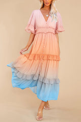 Ombre Sunset Ruffles Maxi Dress