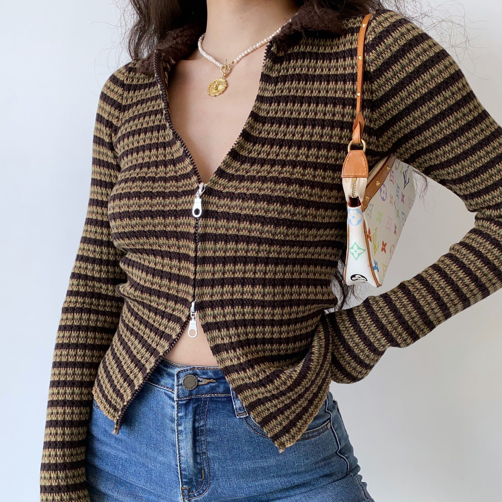 90s Film Double Zipper Cardigan ~ HANDMADE