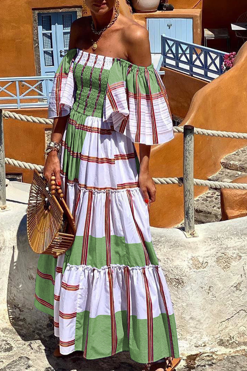 Fashion Print Patchwork Off the Shoulder Cake  Dresses(3 Colors)