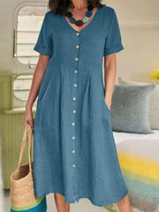 Solid V Neck Loose High Waist Cotton Dress