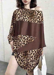 French Leopard O Neck Print Patchwork Cotton Mid Dress Batwing Sleeve