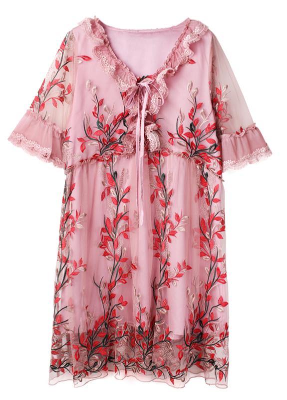 Organic Chocolate Embroidery Lace Butterfly Sleeve Summer Robe Dresses