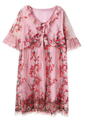 Organic Chocolate Embroidery Lace Butterfly Sleeve Summer Robe Dresses