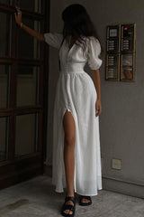 Puff Sleeve Single-breasted Slit Dress
